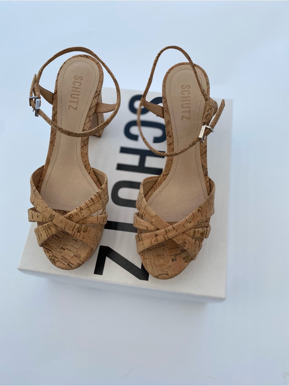 SCHUTZ Cork Crisscross Ankle-Strap Sandal in Cork Brown